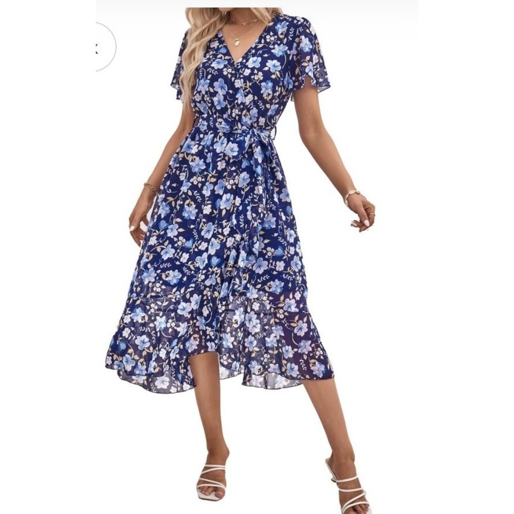Pretty Garden Dress Small Blue Floral White Faux Wrap Ruffle Hem‎ Short Slv Boho